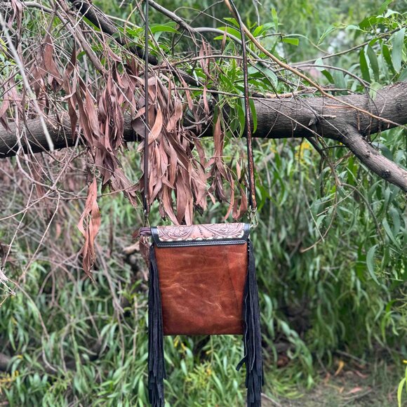 Genuine Hair On Cowhide Purse, Hand Tooled Leather Bag, Western Leather Shoulder - Picture 2 of 7